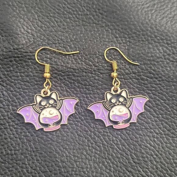 Witchy cat bat enamel earrings gold tone hooks purple black & white design - Picture 1 of 3